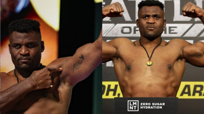 Francis Ngannou rend hommage à son fils lors de la pesée avant son combat contre Renan Ferreira